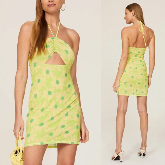 AFRM Savon Dress Floral Halter Tie Neck Mini Sheath Lime Daisy Green Small - Picture 1 of 6